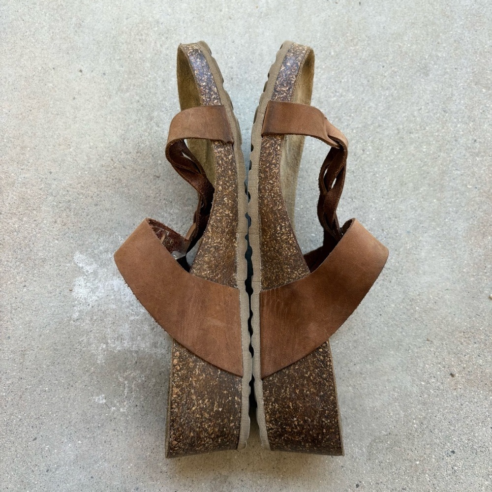 Mila Paoli Italy Women 9.5 Brown Leather Braided Strap Cork Wedge Sandals Shoes - Picture 2 of 5